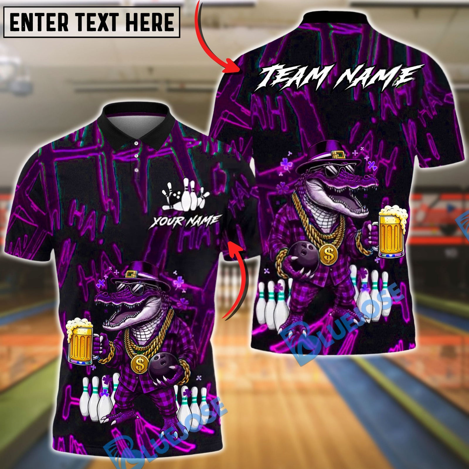BlueJose Bowling & Pins Lucky Irish Crocodile Beer Customized Name, Team Name 3D Shirt (4 Colors)