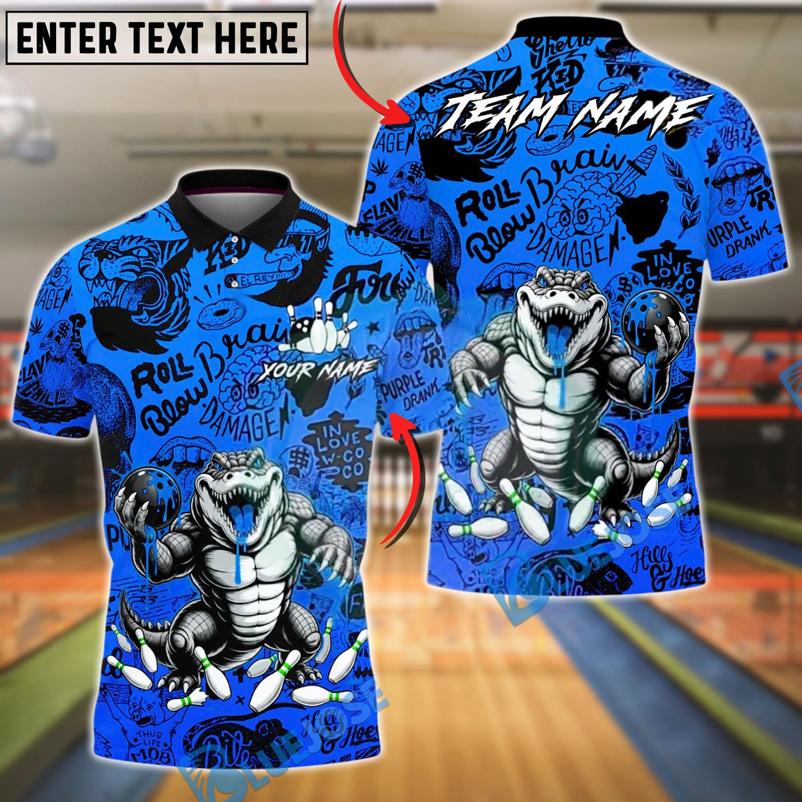 BlueJose Bowling & Pins Slime Graffiti Crocodile Customized Name, Team Name 3D Shirt (4 Colors)