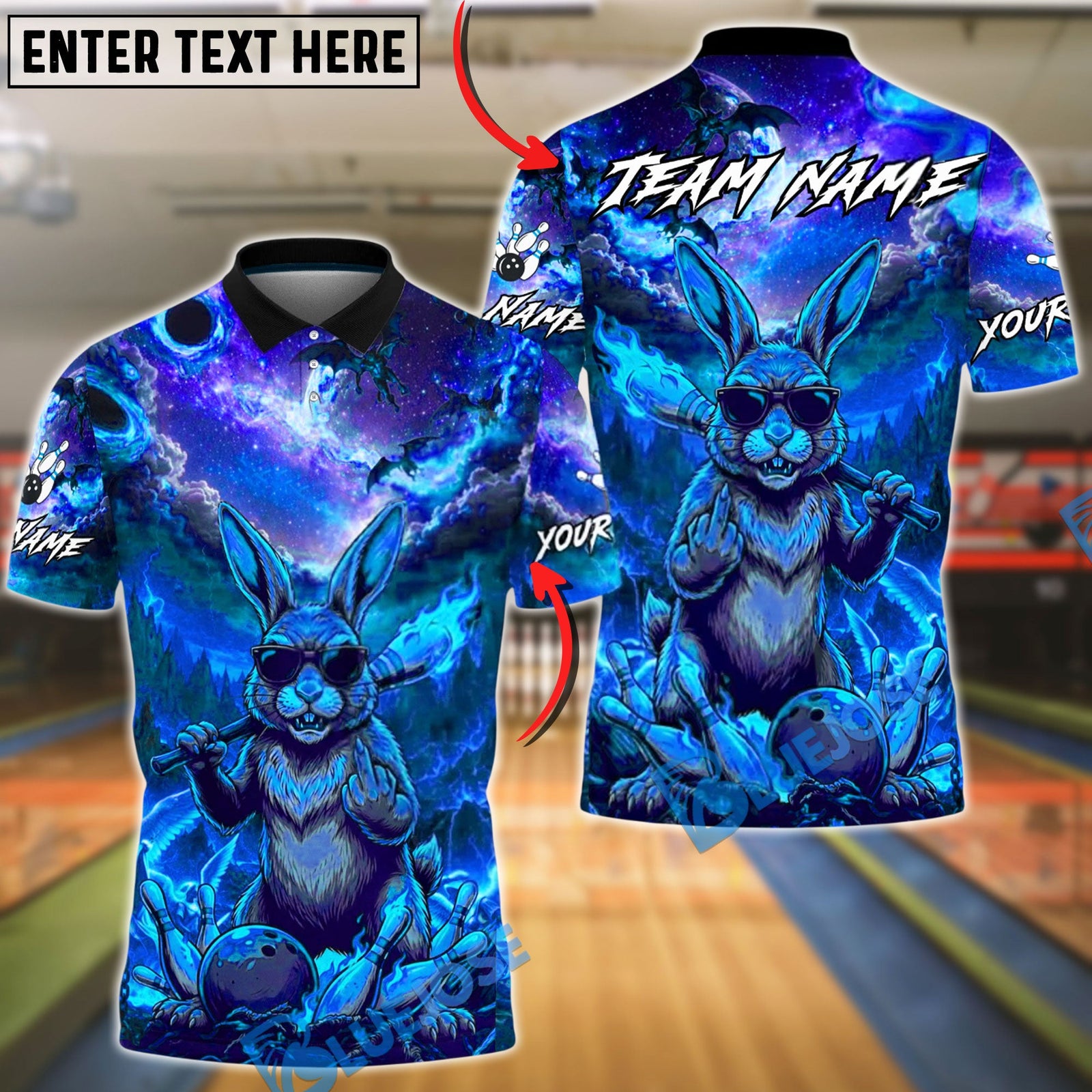 BlueJose Bowling & Pins Fire Rebel Bunny Galaxy Customized Name, Team Name 3D Shirt (4 Colors)