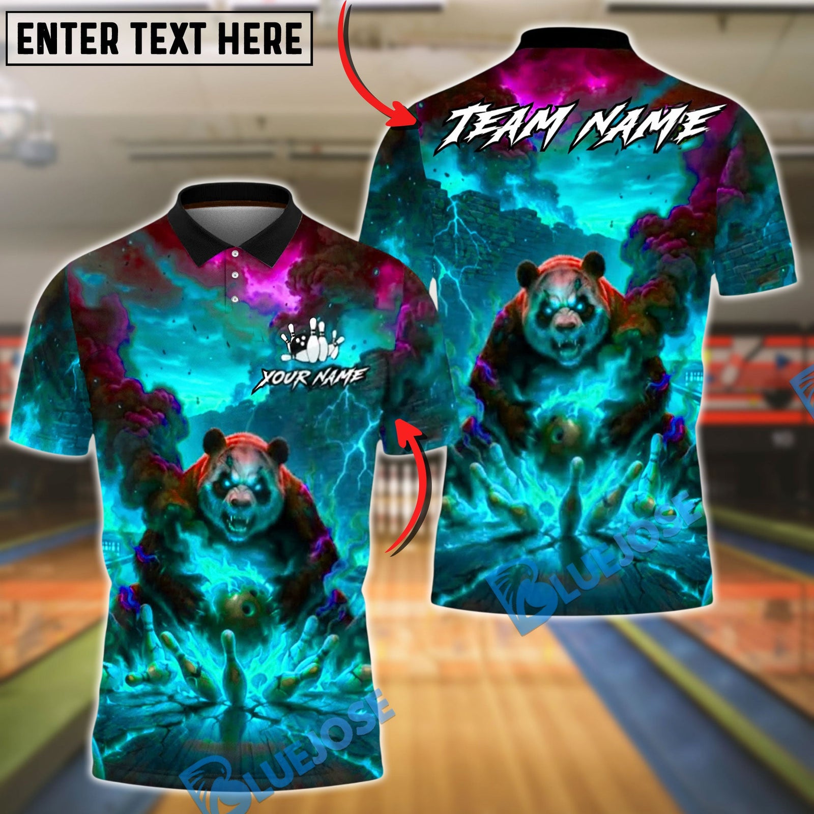 BlueJose Bowling & Pins Fire Panda Apocalypse Strike Design Customized Name, Team Name 3D Shirt (4 Colors)