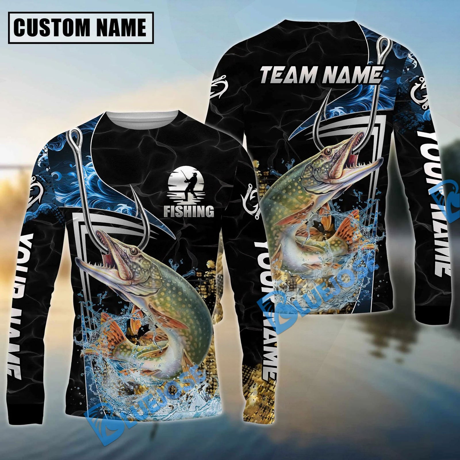 Bluejose Fishing Black Blue Wave Scale Pattern Custom Name & Team Name 3D Shirts (12 Breeds)