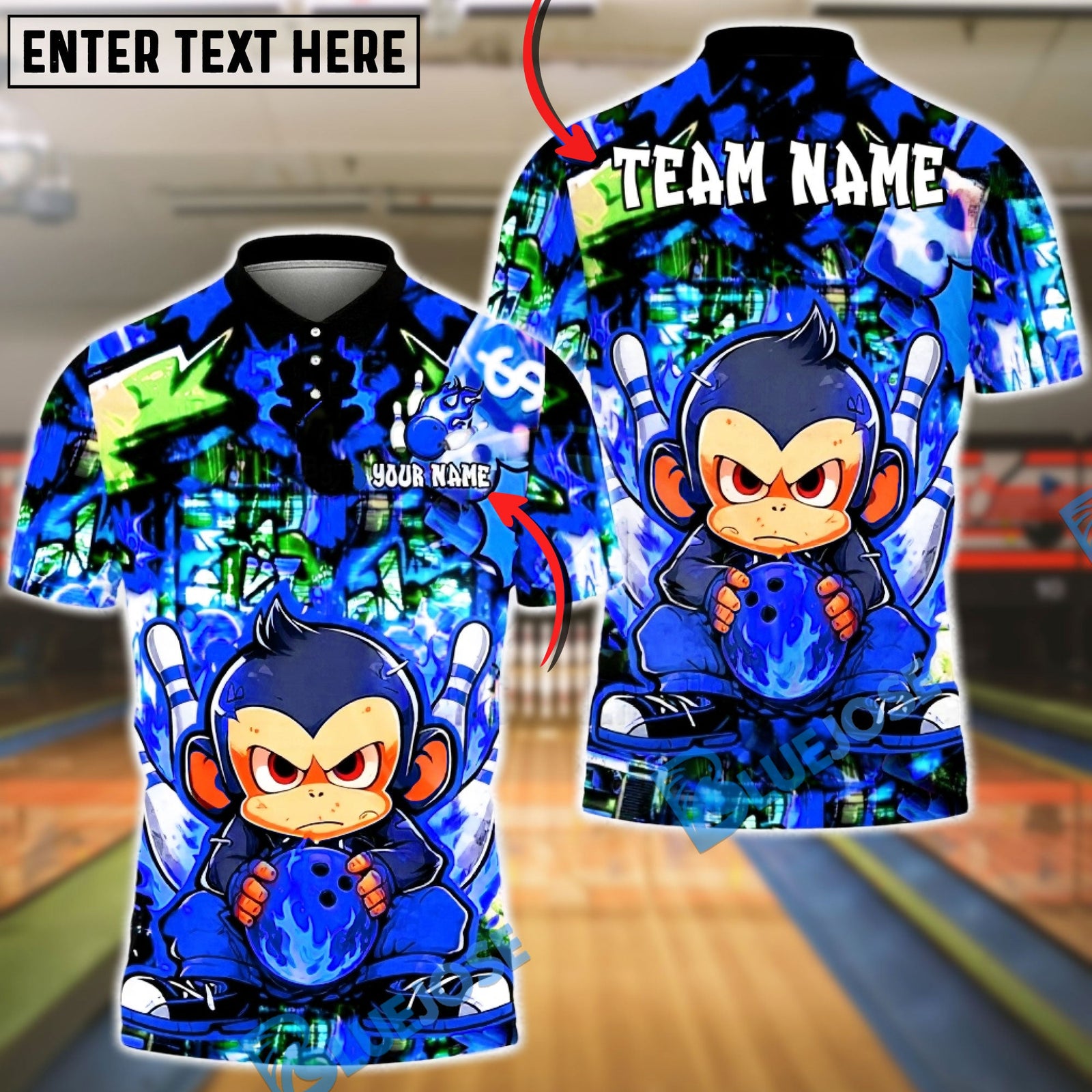 BlueJose Bowling & Pins Graffiti Monkey Fire Ball Street Art Customized Name, Team Name 3D Shirt (4 Colors)