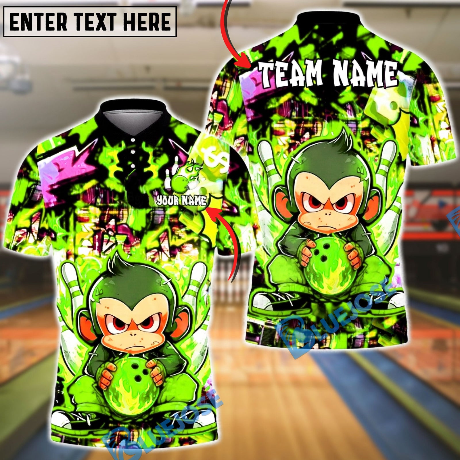 BlueJose Bowling & Pins Graffiti Monkey Fire Ball Street Art Customized Name, Team Name 3D Shirt (4 Colors)