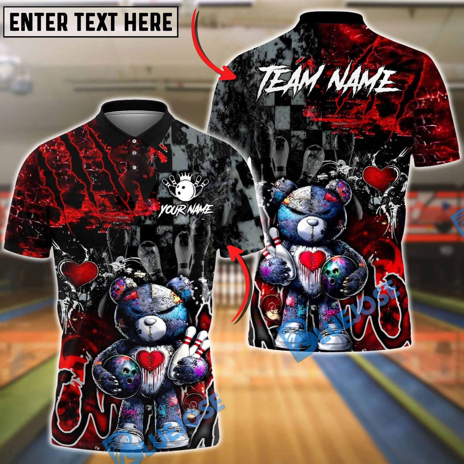 BlueJose Bowling And Pins Gothic Teddy Bear Dark Art Customized Name, Team Name 3D Shirt (4 Colors)