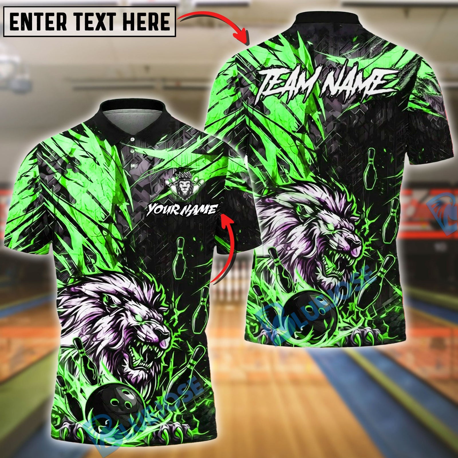 BlueJose Bowling & Pins Lion Power Strike Golden Black Customized Name, Team Name 3D Shirt (6 Colors)