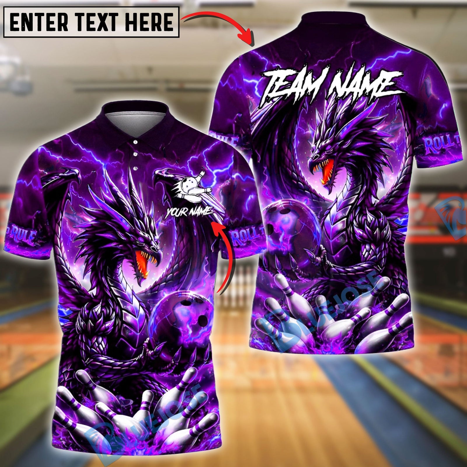 BlueJose Bowling & Pins Dragon Fire Lightning Fantasy Customized Name, Team Name 3D Shirt (4 Colors)