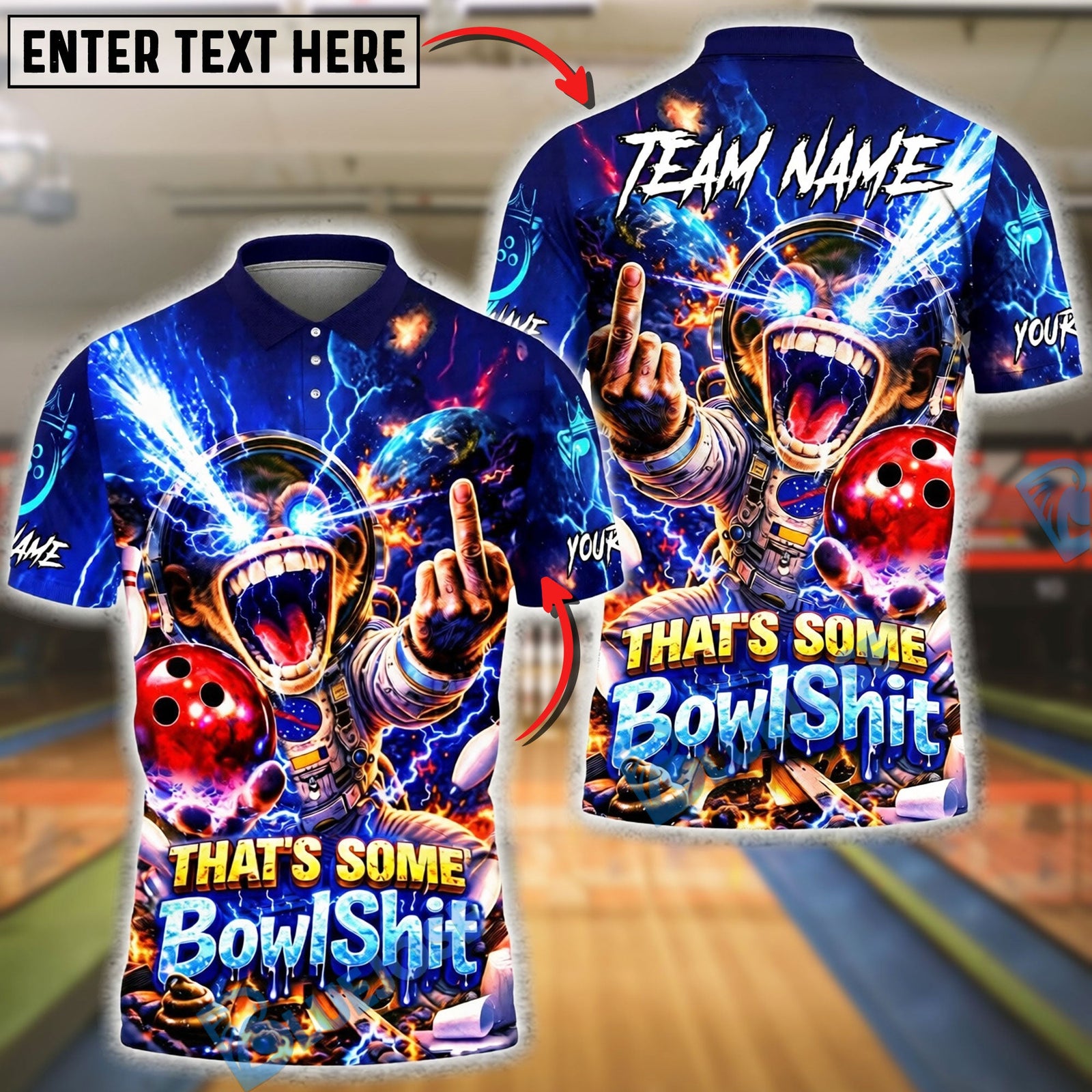 BlueJose Bowling And Pins Funny Graphic Space Monkey Lightning Explosion Customized Name, Team Name 3D Shirt (6 Colors)