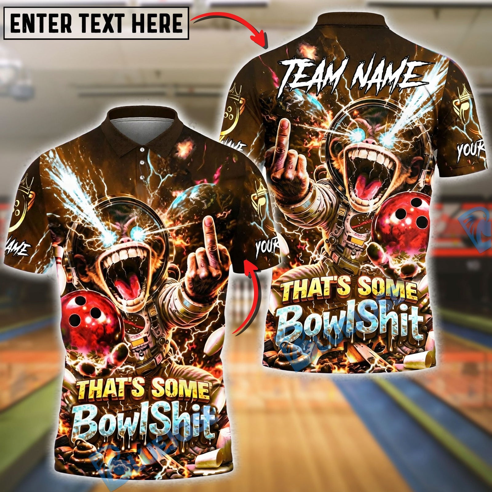 BlueJose Bowling And Pins Funny Graphic Space Monkey Lightning Explosion Customized Name, Team Name 3D Shirt (6 Colors)
