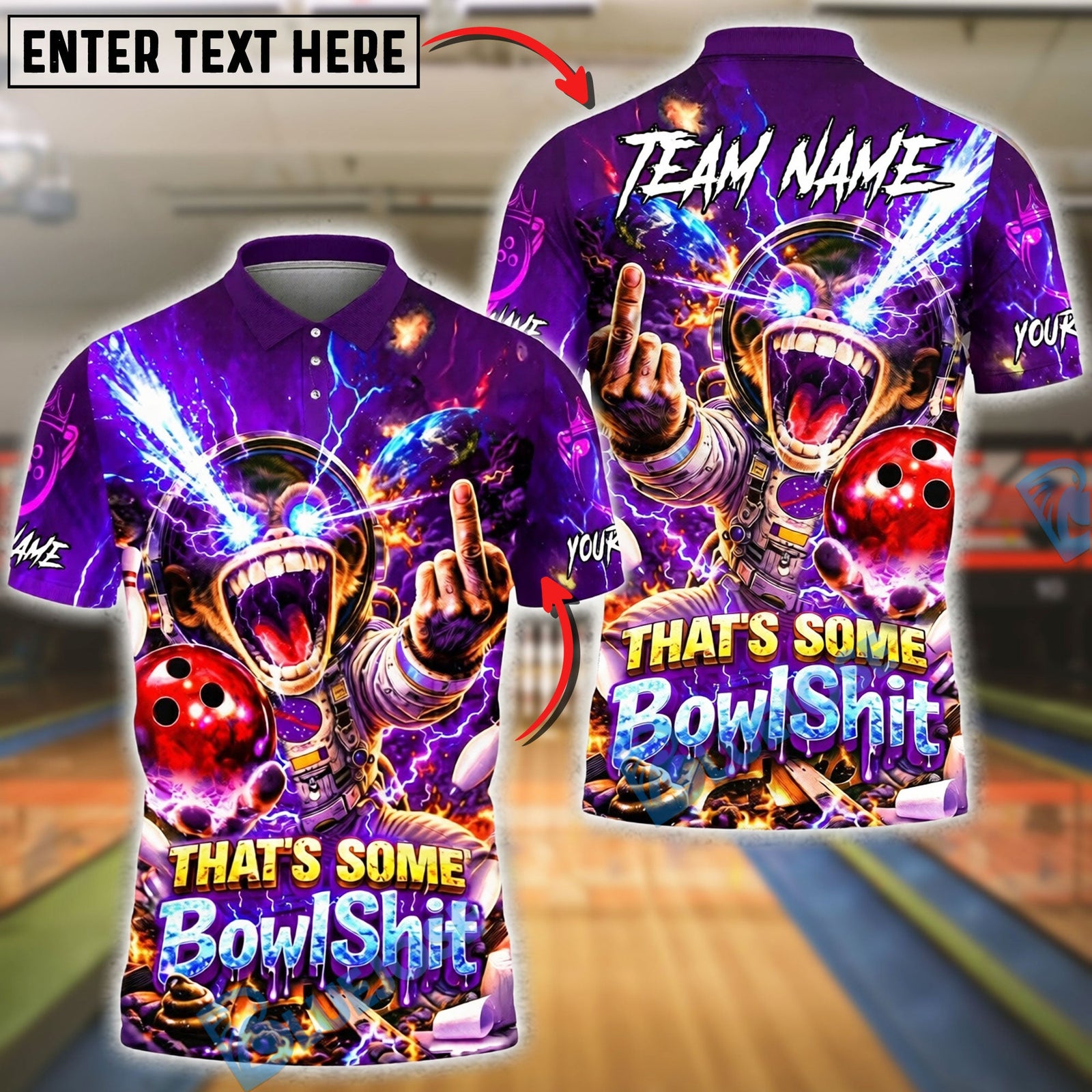 BlueJose Bowling And Pins Funny Graphic Space Monkey Lightning Explosion Customized Name, Team Name 3D Shirt (6 Colors)