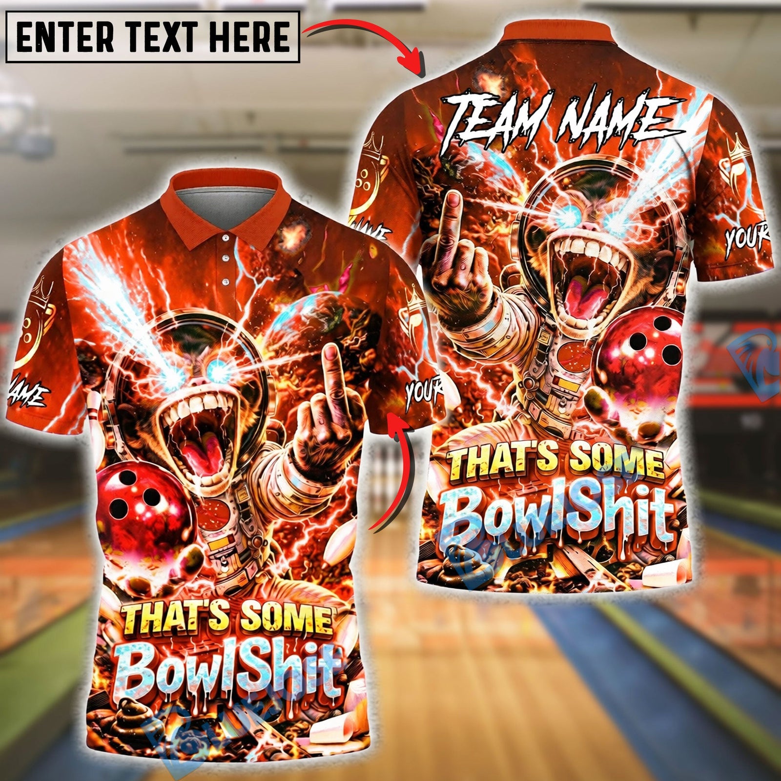 BlueJose Bowling And Pins Funny Graphic Space Monkey Lightning Explosion Customized Name, Team Name 3D Shirt (6 Colors)