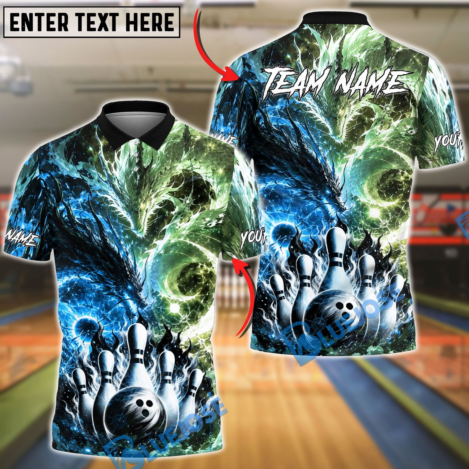 BlueJose Bowling And Pins Fire Ice Dragon Strike Fantasy Customized Name, Team Name 3D Shirt (4 Colors)