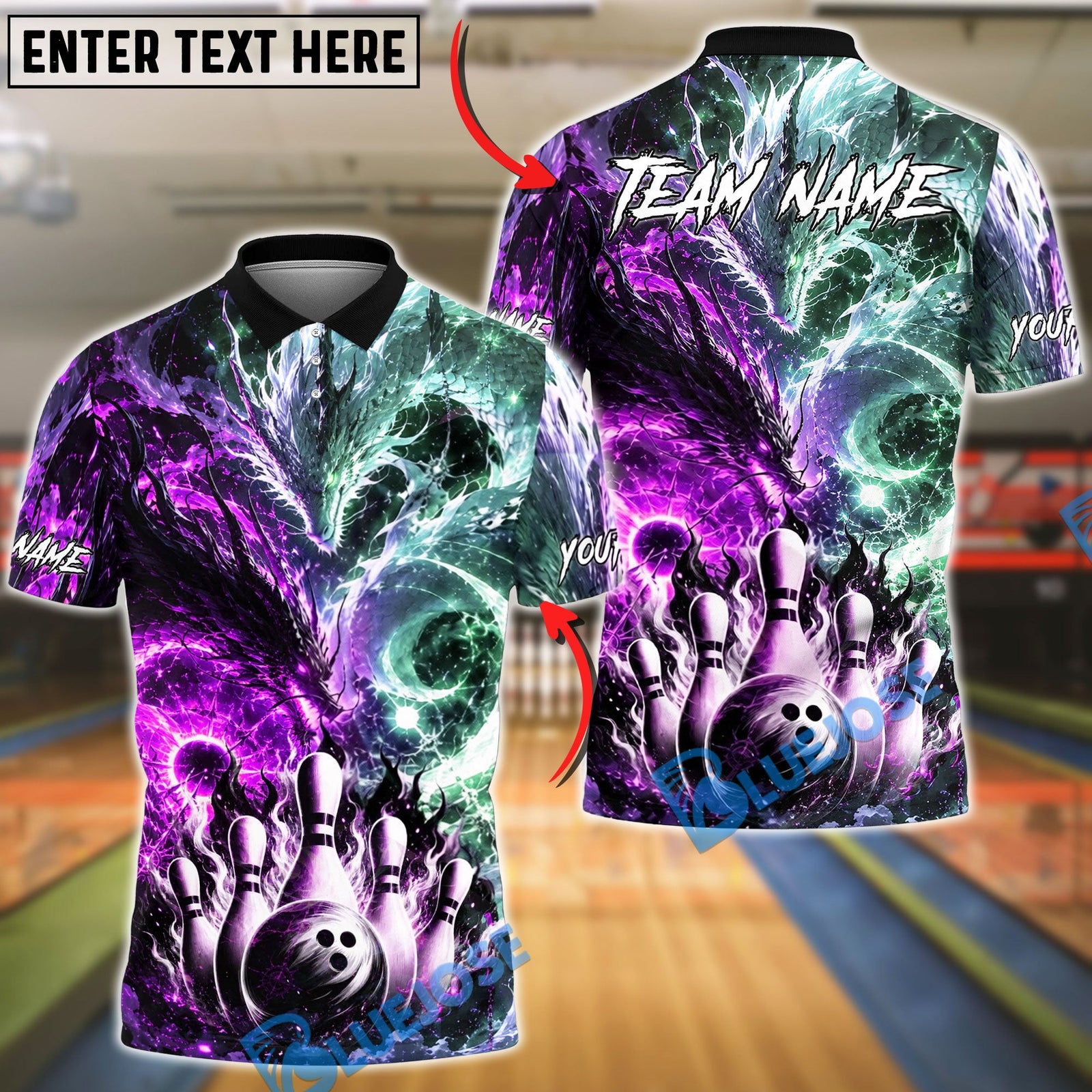 BlueJose Bowling And Pins Fire Ice Dragon Strike Fantasy Customized Name, Team Name 3D Shirt (4 Colors)