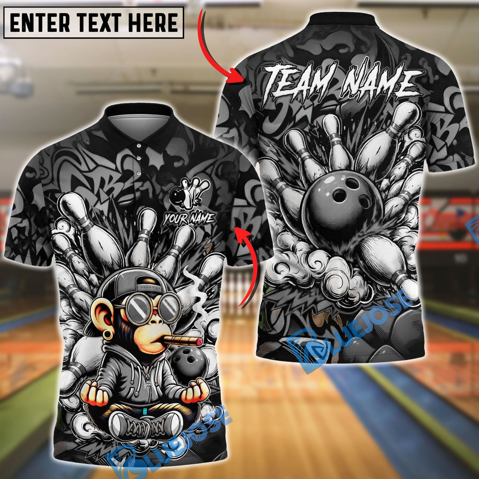 BlueJose Bowling And Pins Graffiti Monkey Street Art Explosion Customized Name, Team Name 3D Shirt (6 Colors)