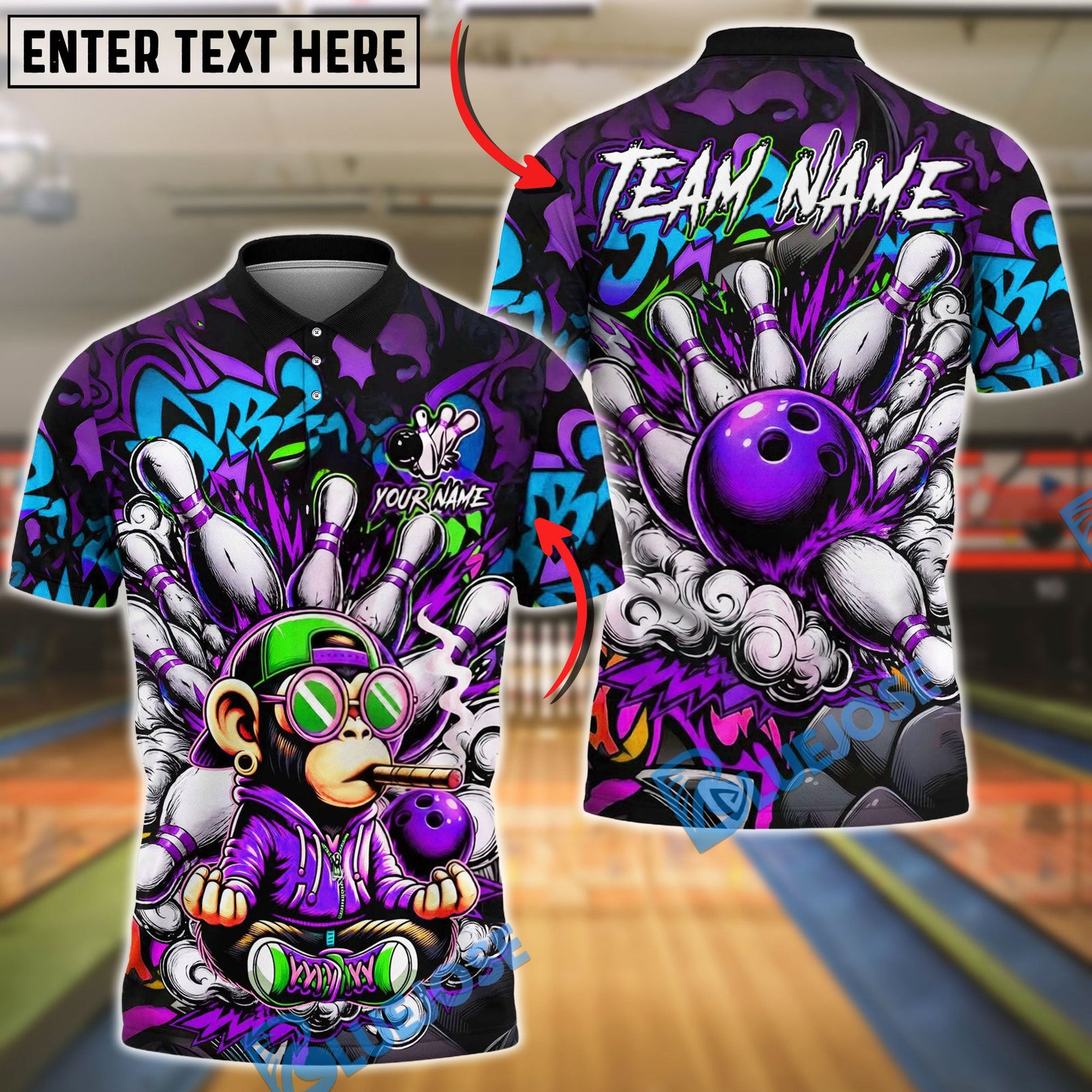 BlueJose Bowling And Pins Graffiti Monkey Street Art Explosion Customized Name, Team Name 3D Shirt (6 Colors)