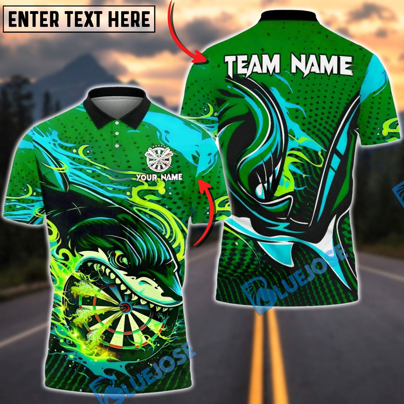 BlueJose Darts Shark Power Strike Multicolor Options Personalized Name Shirt (4 Colors)