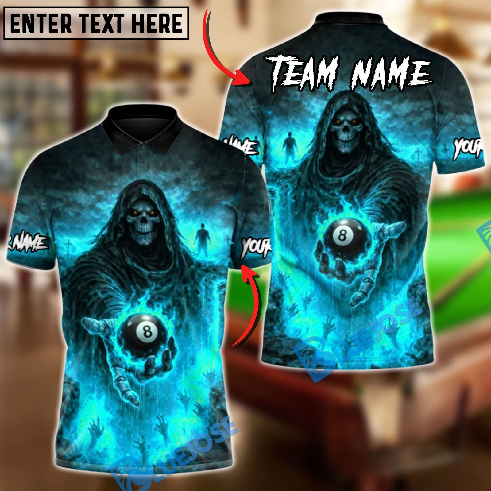 BlueJose Billiards 8 Ball Grim Reaper Hellfire Personalized Name Shirt (4 Colors)