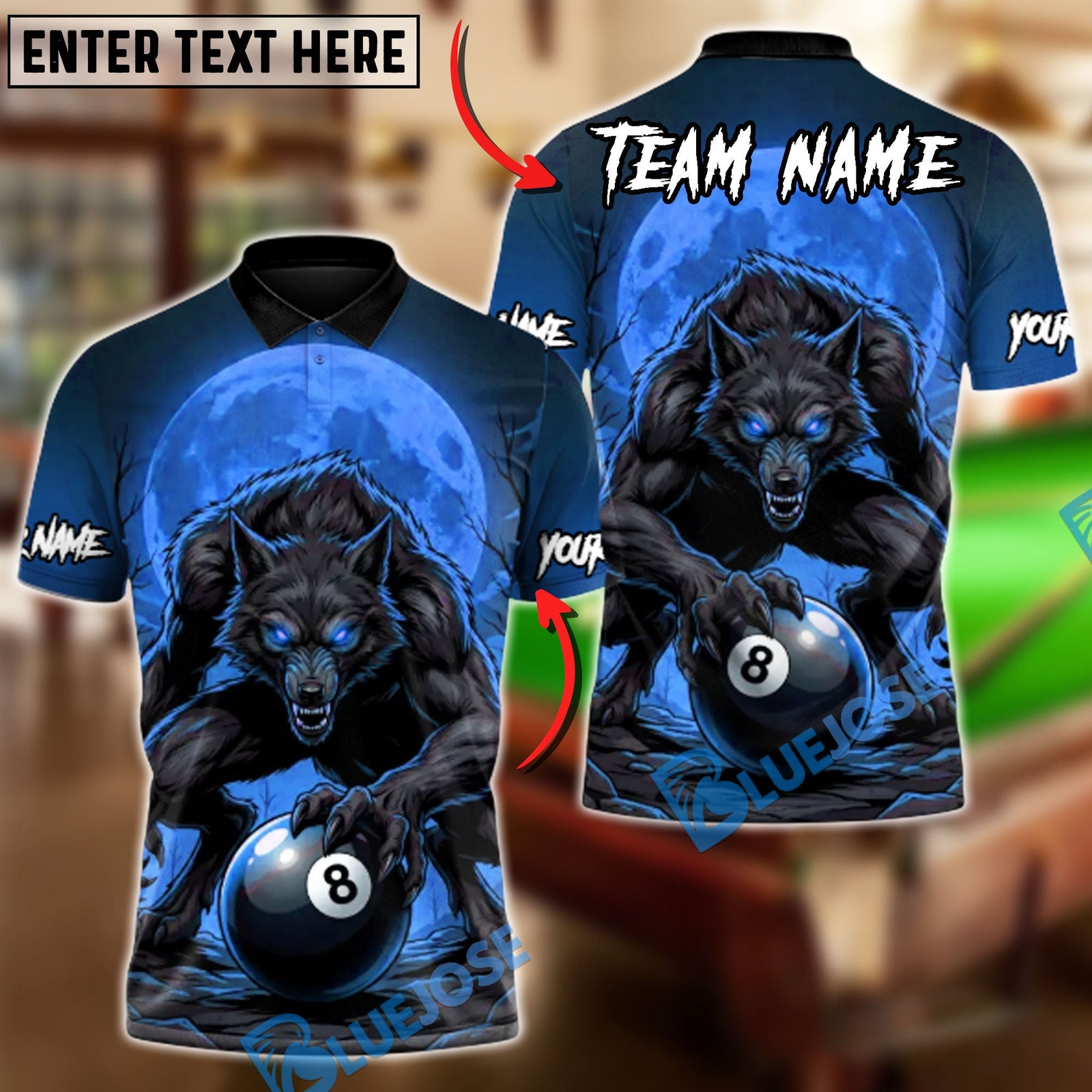 BlueJose Billiards 8 Ball Wolf Blood Moon Personalized Name Shirt (4 Colors)