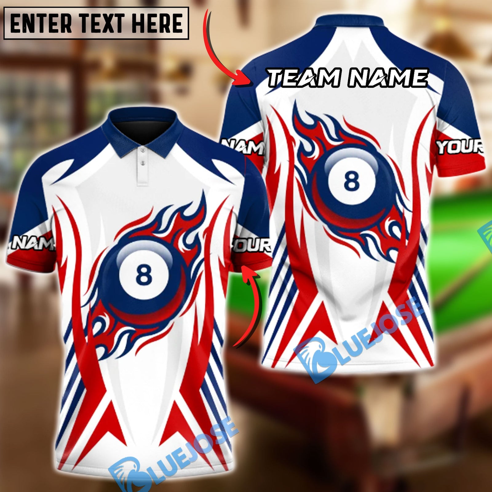 BlueJose Billiards 8 Ball Flaming Personalized Name Shirt (4 Colors)