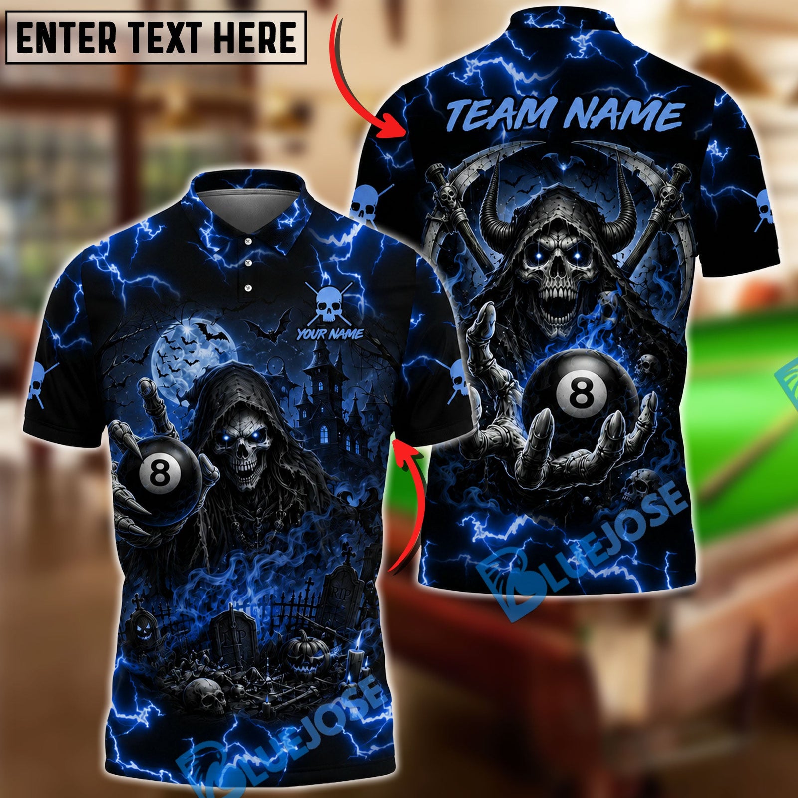 BlueJose Billiards 8 Ball Haunted Grim Reaper Personalized Name Shirt (6 Colors)
