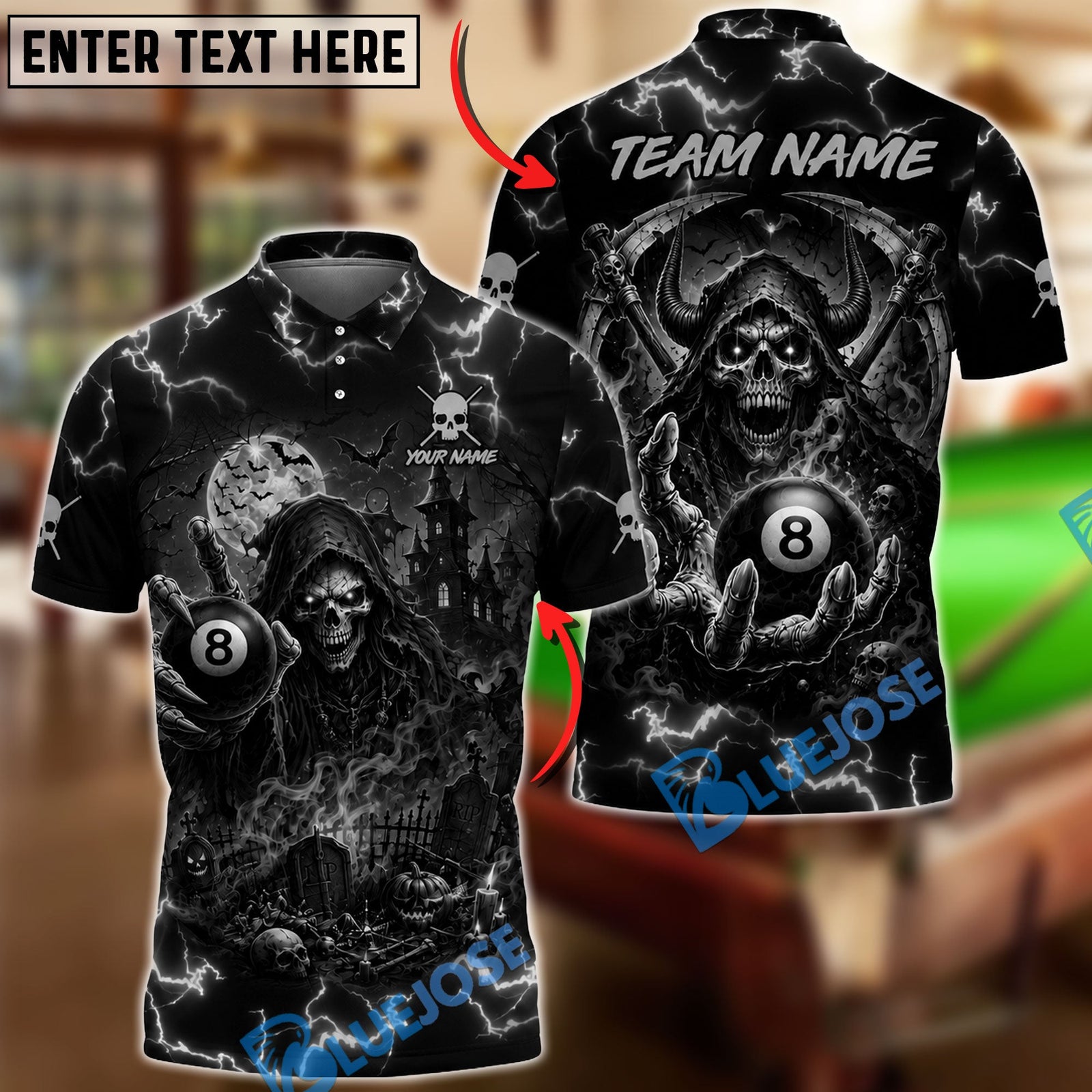 BlueJose Billiards 8 Ball Haunted Grim Reaper Personalized Name Shirt (6 Colors)