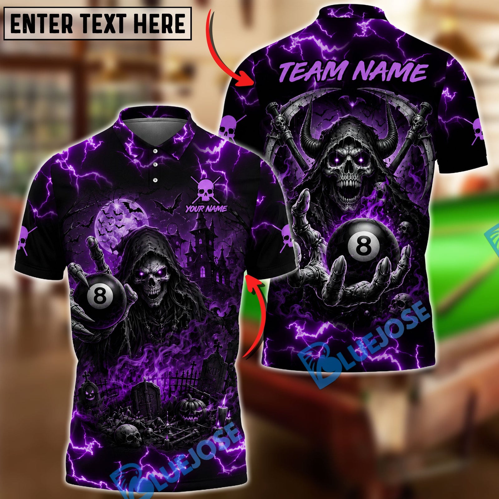 BlueJose Billiards 8 Ball Haunted Grim Reaper Personalized Name Shirt (6 Colors)