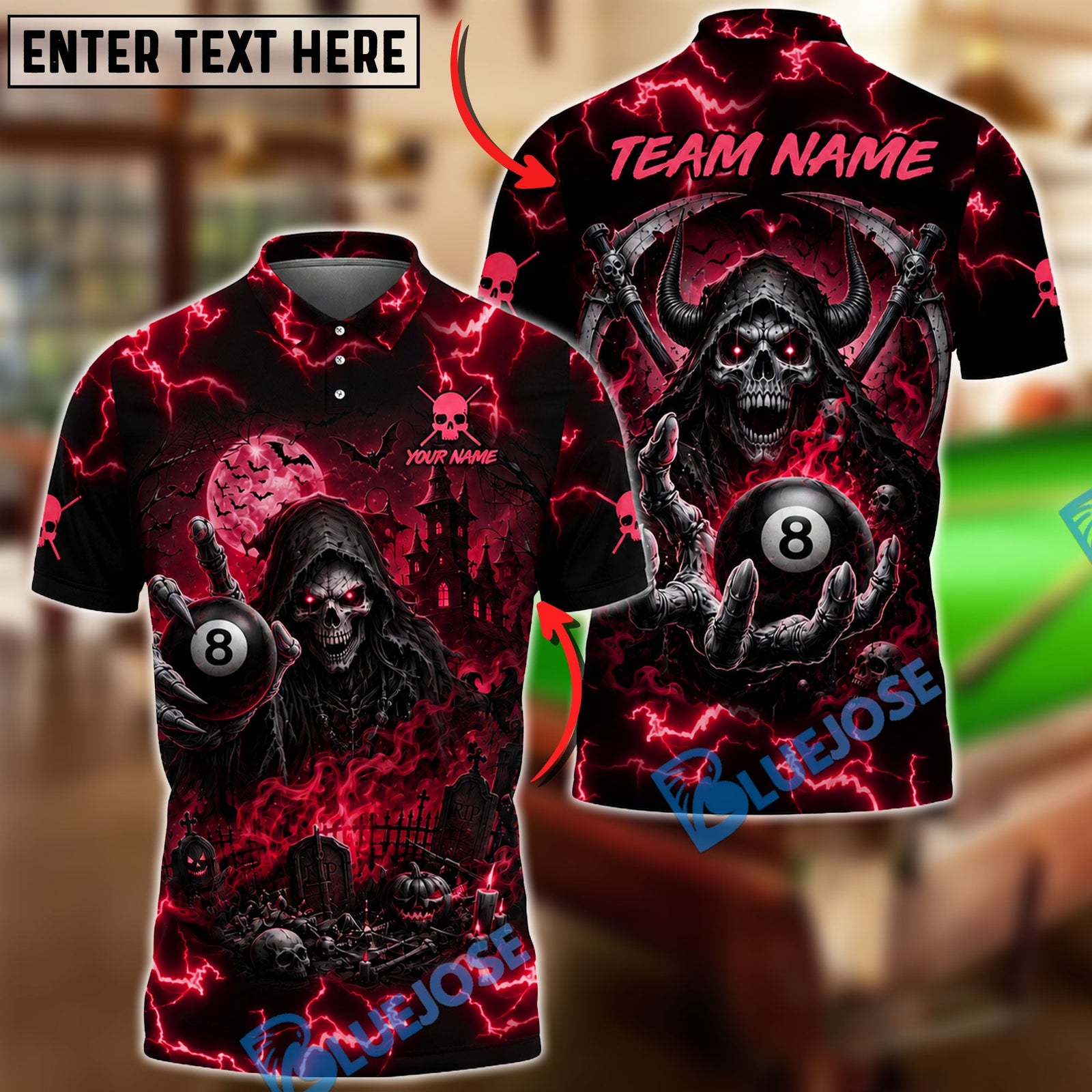 BlueJose Billiards 8 Ball Haunted Grim Reaper Personalized Name Shirt (6 Colors)