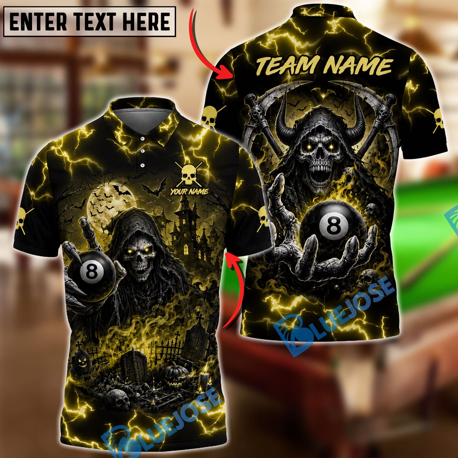 BlueJose Billiards 8 Ball Haunted Grim Reaper Personalized Name Shirt (6 Colors)