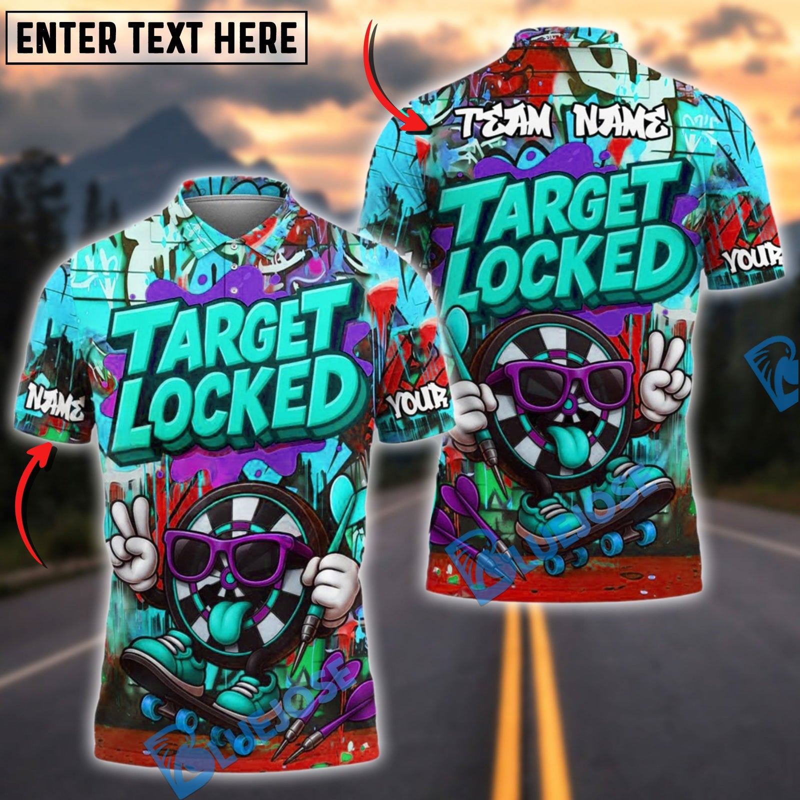 BlueJose Darts Target Locked Graffiti Style Personalized Name, Team Name Shirt (4 Colors)