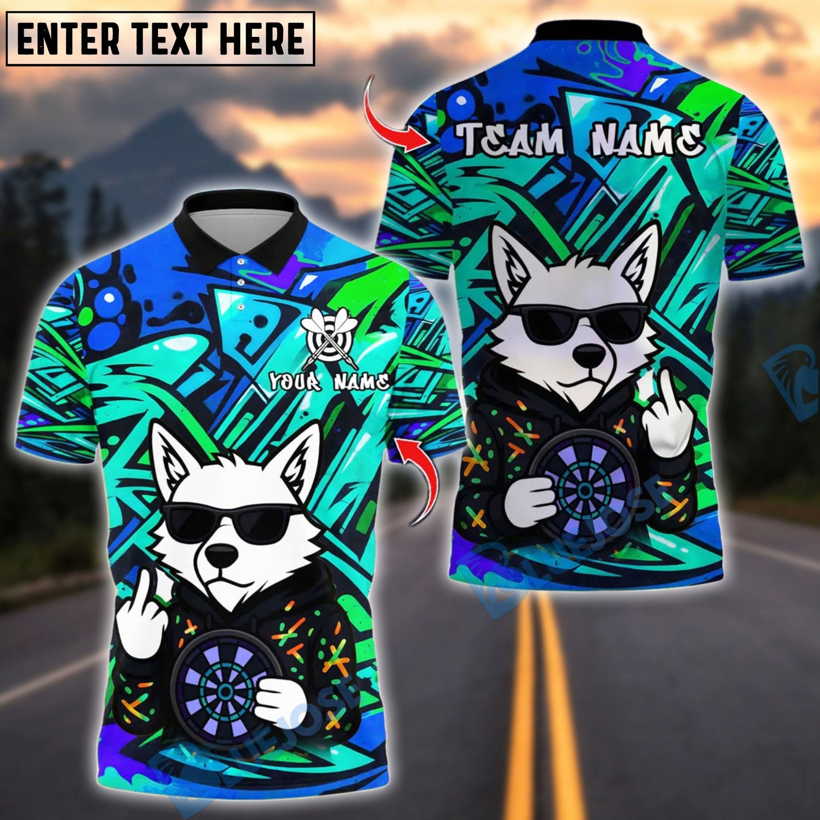 BlueJose Darts Graffiti Wolf Customized Name, Team Name 3D Shirt (4 Colors)