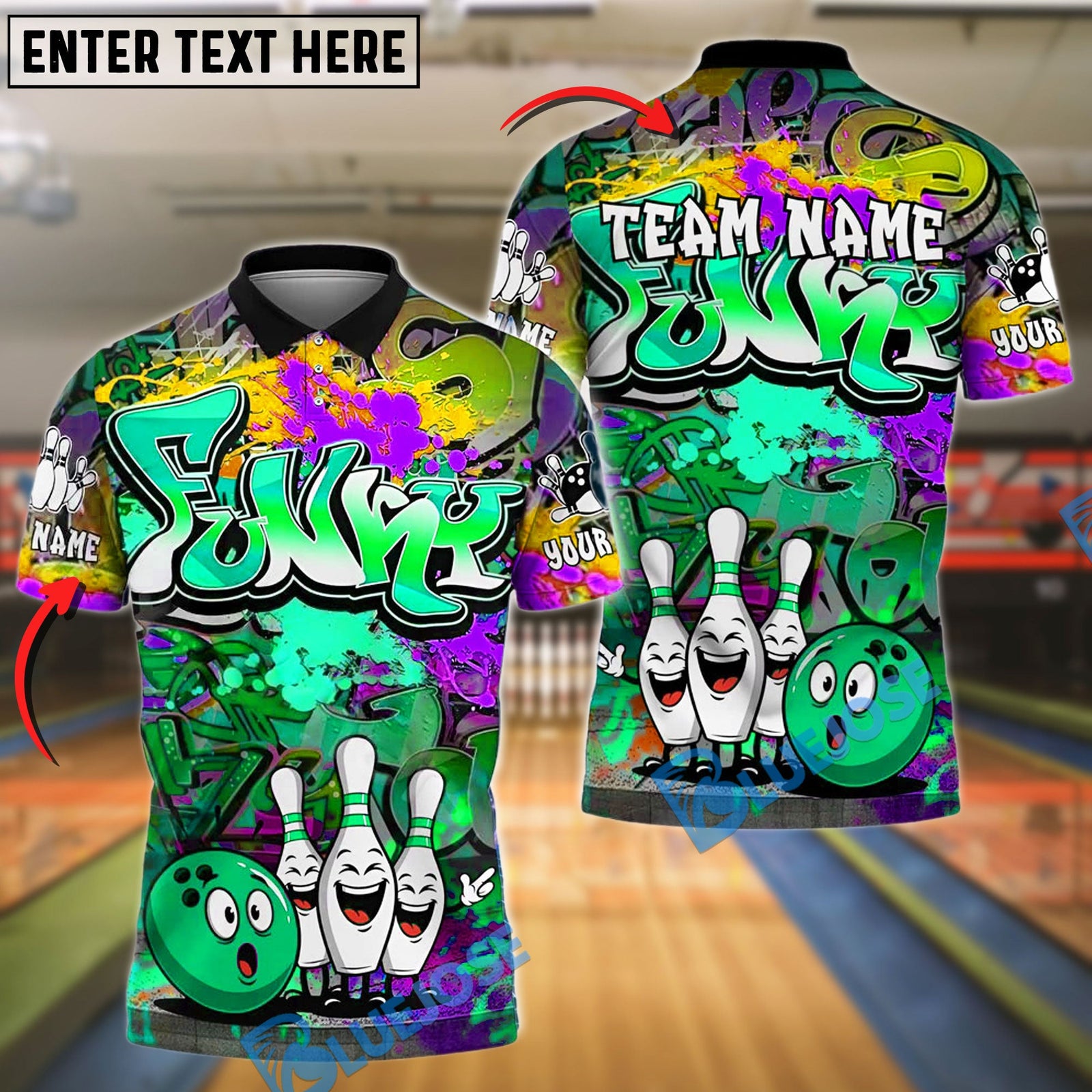 BlueJose Funny Graffiti Bowling Crew Customized Name, Team Name 3D Shirt (4 Colors)