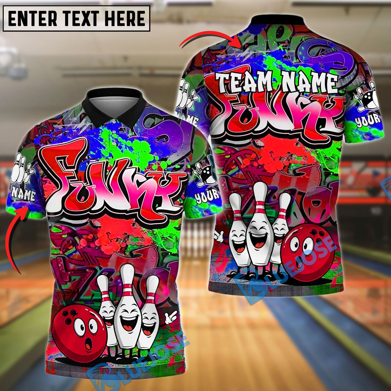 BlueJose Funny Graffiti Bowling Crew Customized Name, Team Name 3D Shirt (4 Colors)