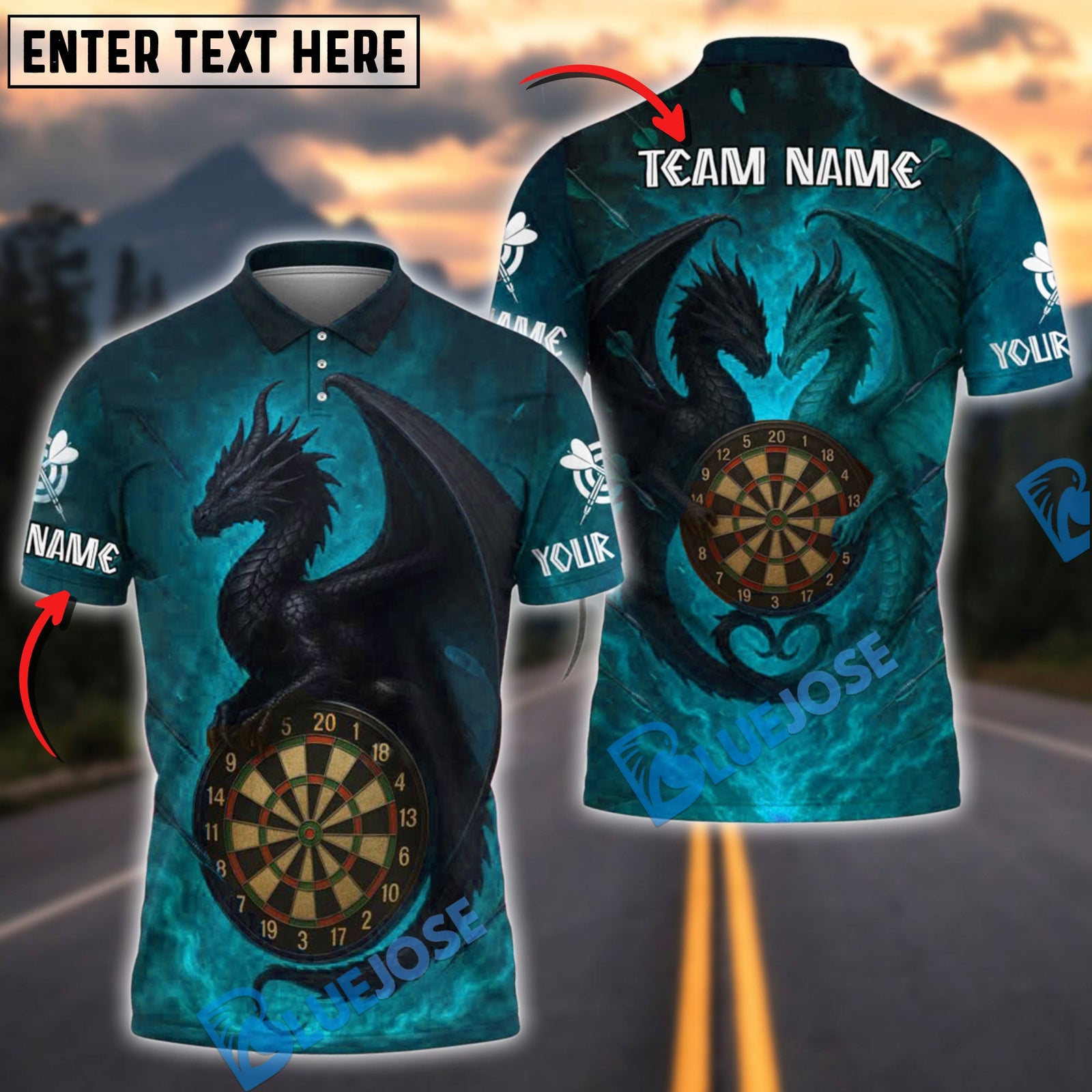 BlueJose Darts Dark Twin Dragon Fantasy Style Personalized Name, Team Name Shirt (4 Colors)