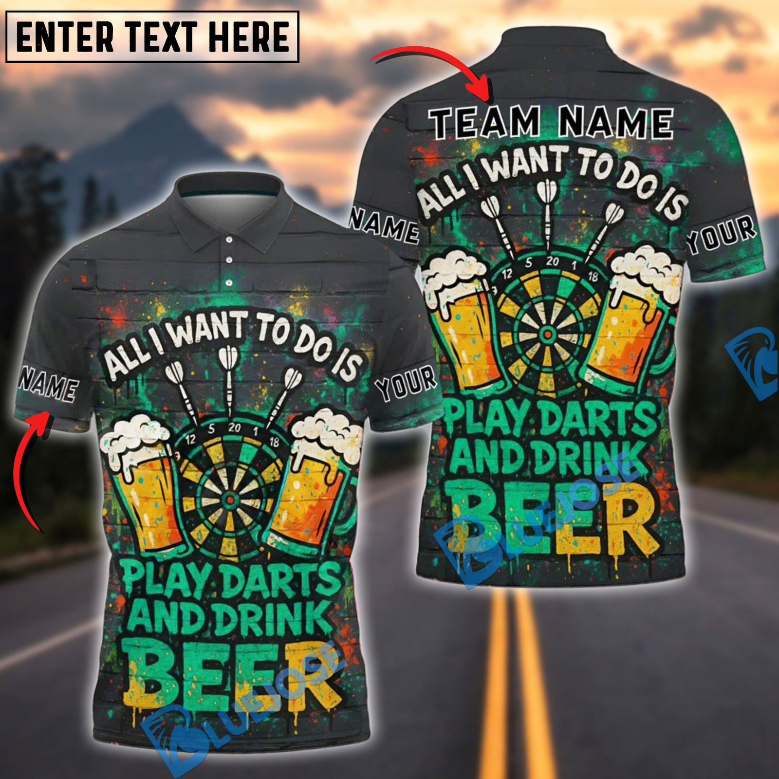 BlueJose All I Want Is Beer & Darts Personalized Name, Team Name Shirt (4 Colors)