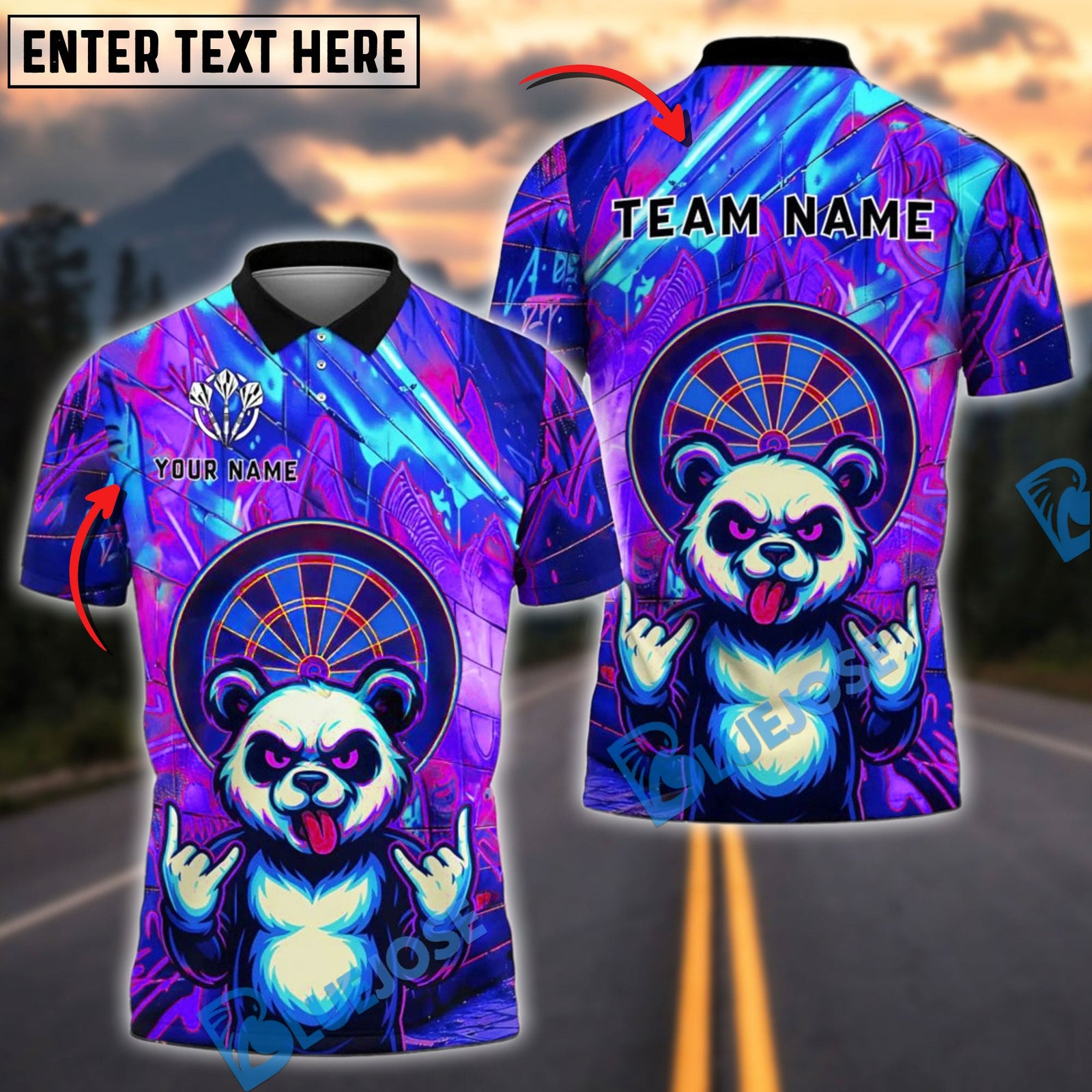 BlueJose Darts Rocker Panda Dartboard Personalized Name, Team Name Shirt (4 Colors)