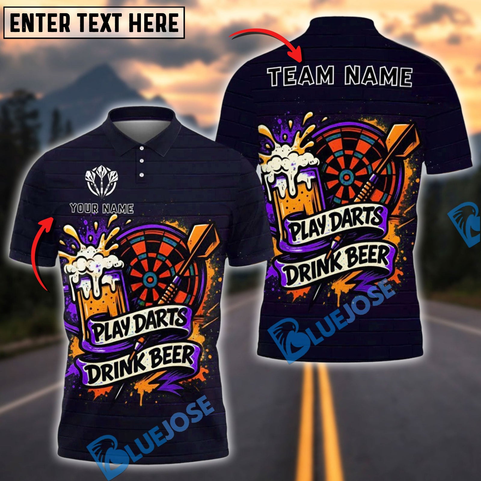 BlueJose Darts and Beer Splash Personalized Name, Team Name Shirt (4 Colors)