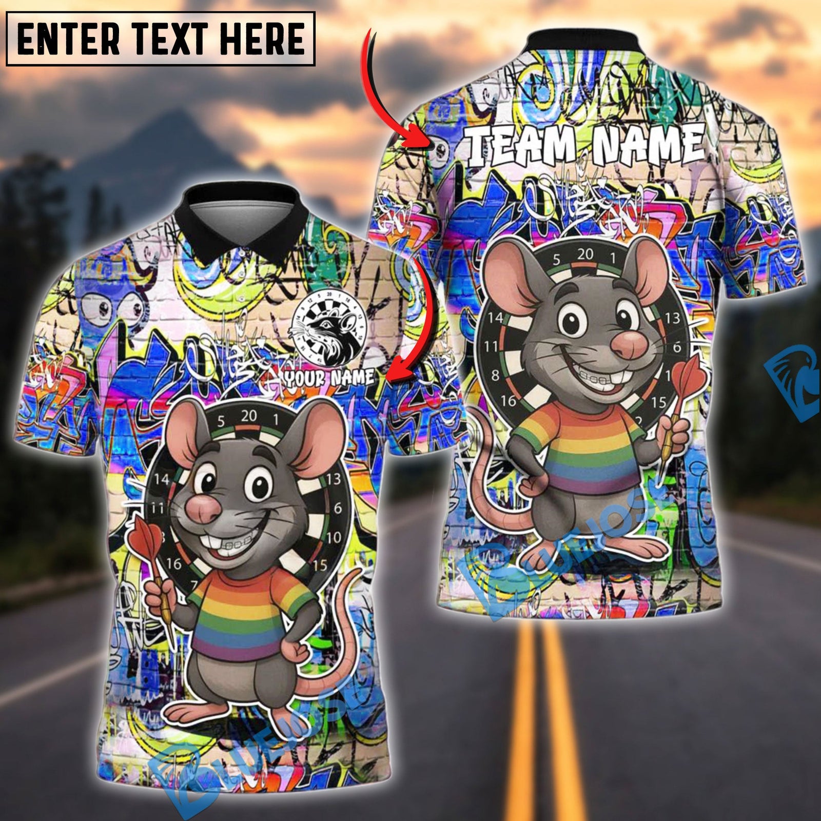 BlueJose Darts Rat Graffiti Style LGBTQ+ Support Personalized Name, Team Name Shirt (4 Colors)
