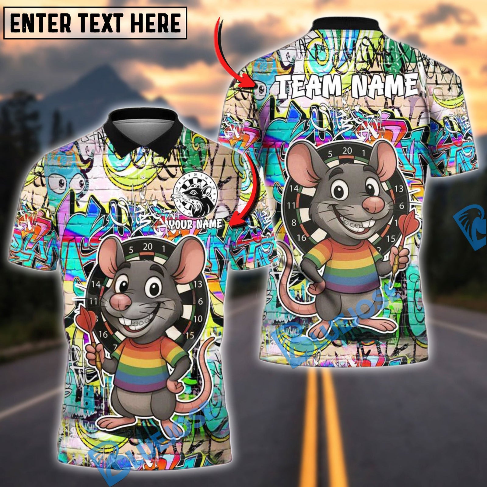 BlueJose Darts Rat Graffiti Style LGBTQ+ Support Personalized Name, Team Name Shirt (4 Colors)