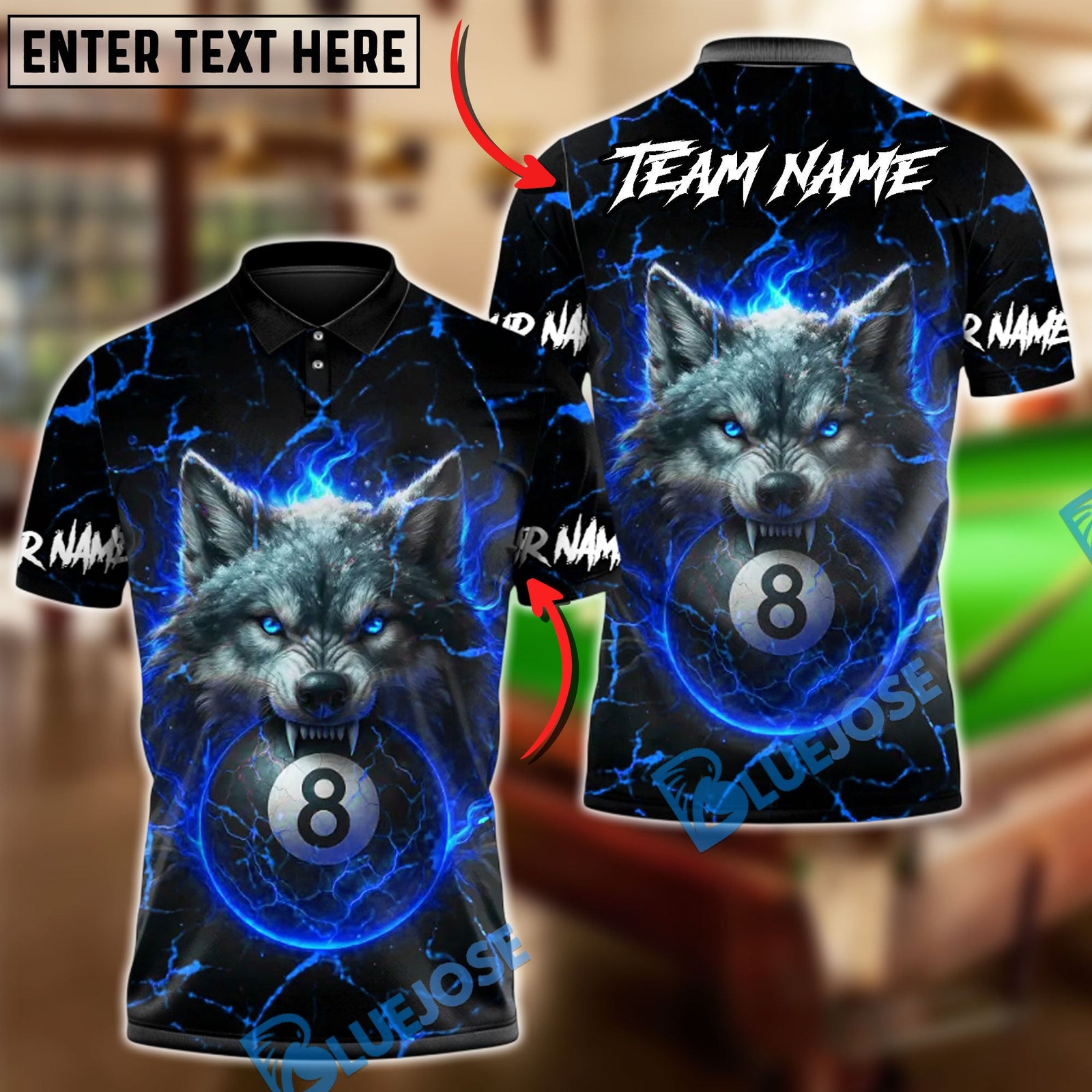 BlueJose Billiards 8 Ball Fire Alpha Wolf Personalized Name Shirt (4 Colors)