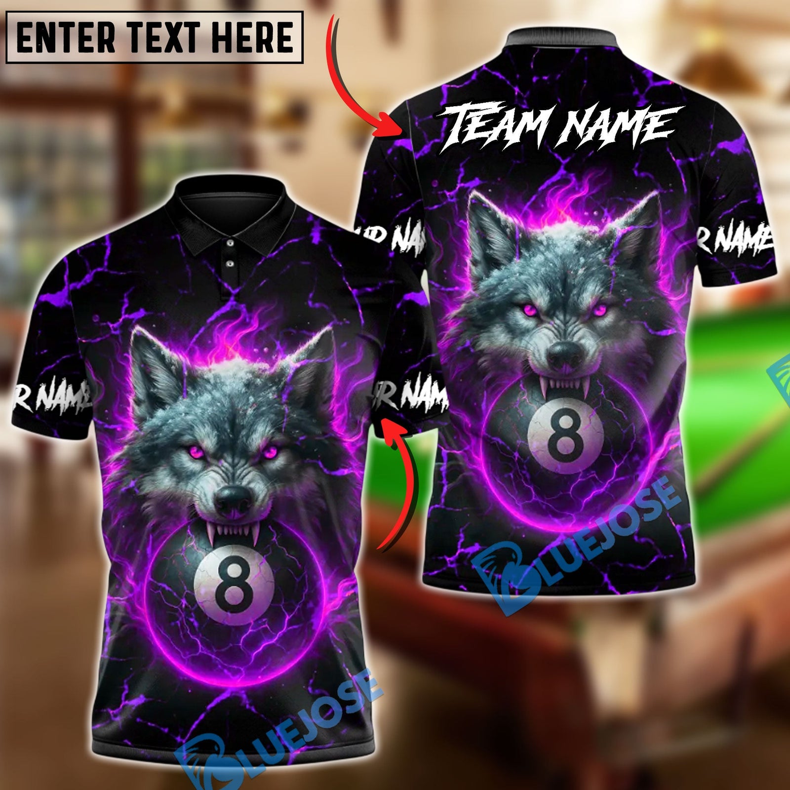 BlueJose Billiards 8 Ball Fire Alpha Wolf Personalized Name Shirt (4 Colors)