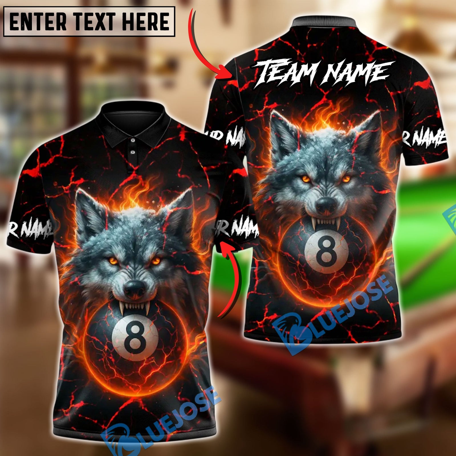 BlueJose Billiards 8 Ball Fire Alpha Wolf Personalized Name Shirt (4 Colors)