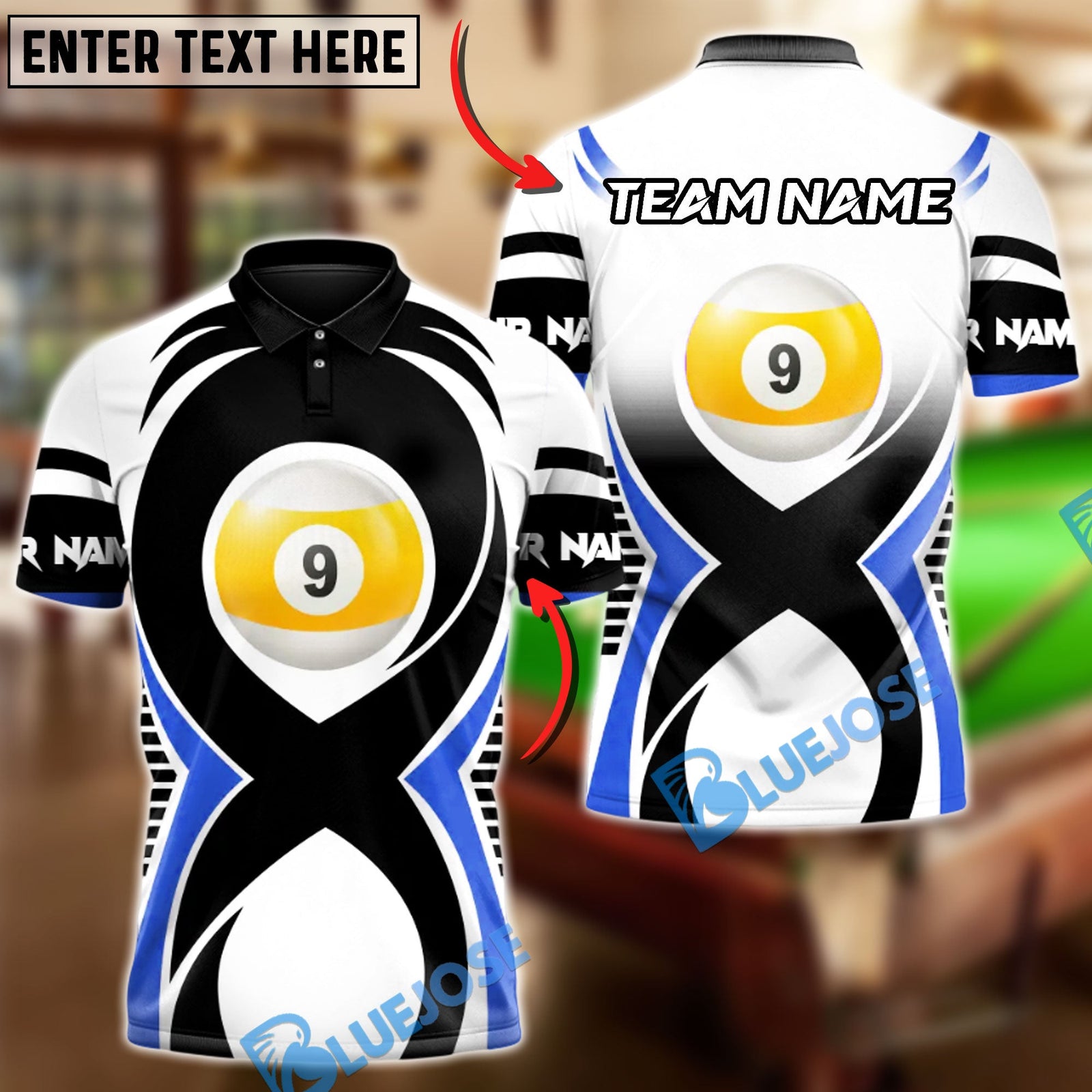 BlueJose Billiards 9 Ball Athletic Racing Speed Lines Personalized Name Shirt (4 Colors)