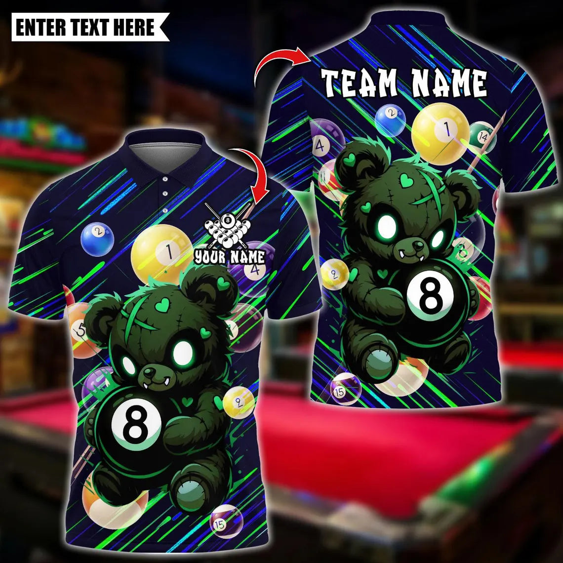 BlueJose Billiards Scary Teddy Bear With 8 Ball Design Personalized Name Shirt (4 Colors)
