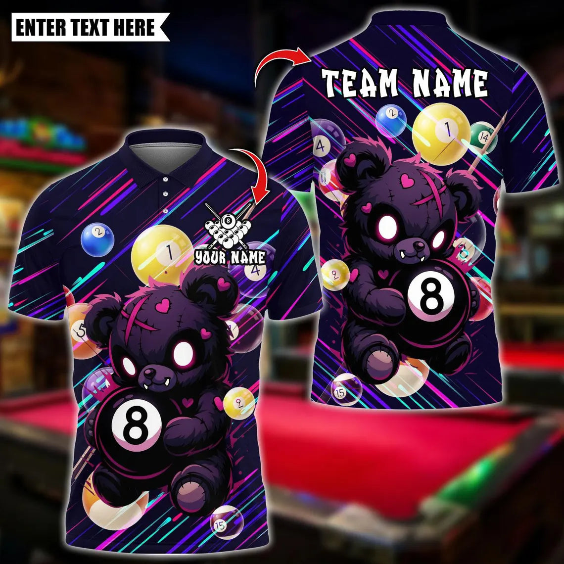 BlueJose Billiards Scary Teddy Bear With 8 Ball Design Personalized Name Shirt (4 Colors)