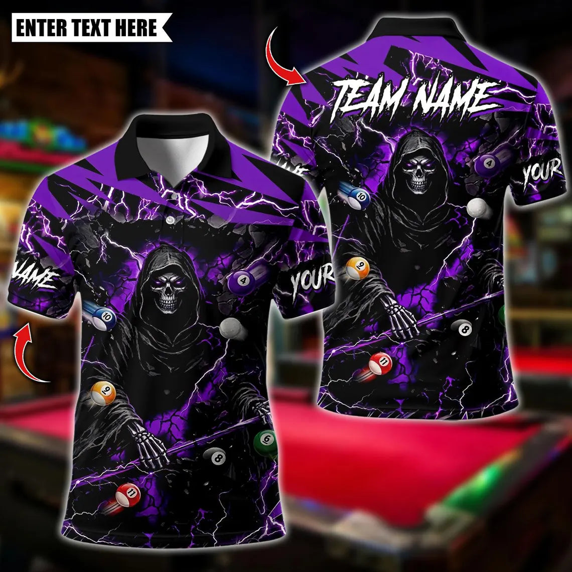 BlueJose Billiards Thunder Reaper Ball Flying Design Personalized Name Shirt (4 Colors)