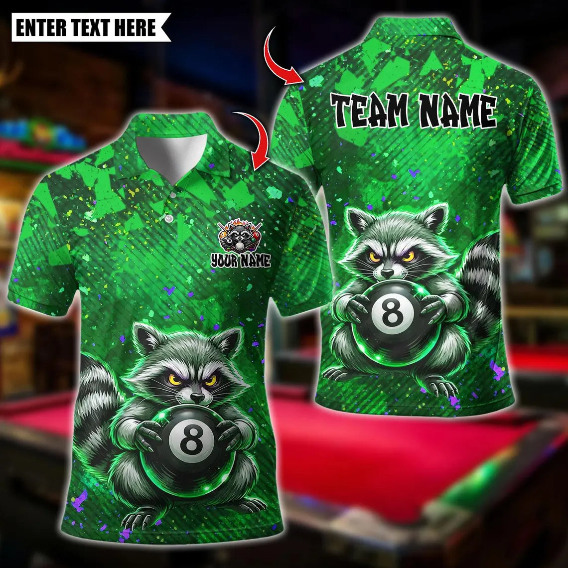 BlueJose Billiards 8 Ball Raccoon Paint Splash Personalized Name Shirt (4 Colors)