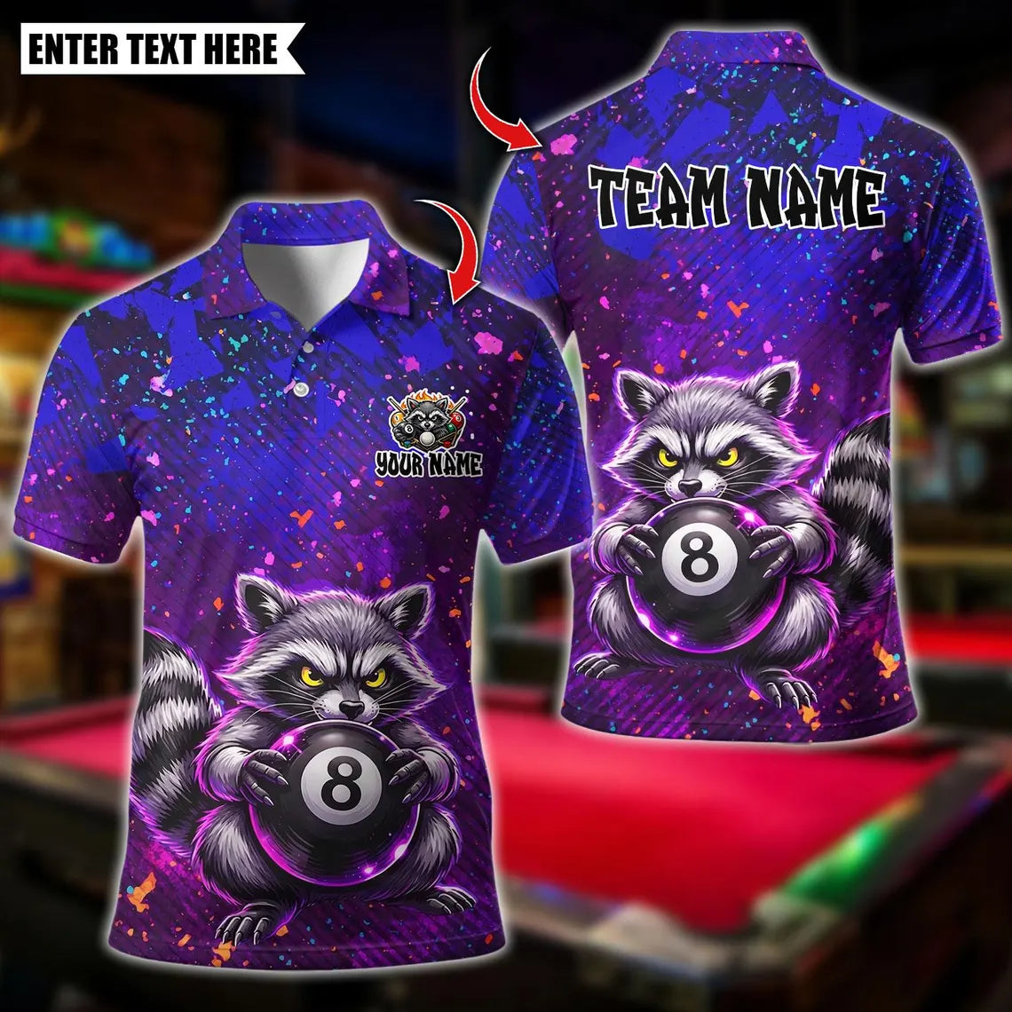 BlueJose Billiards 8 Ball Raccoon Paint Splash Personalized Name Shirt (4 Colors)