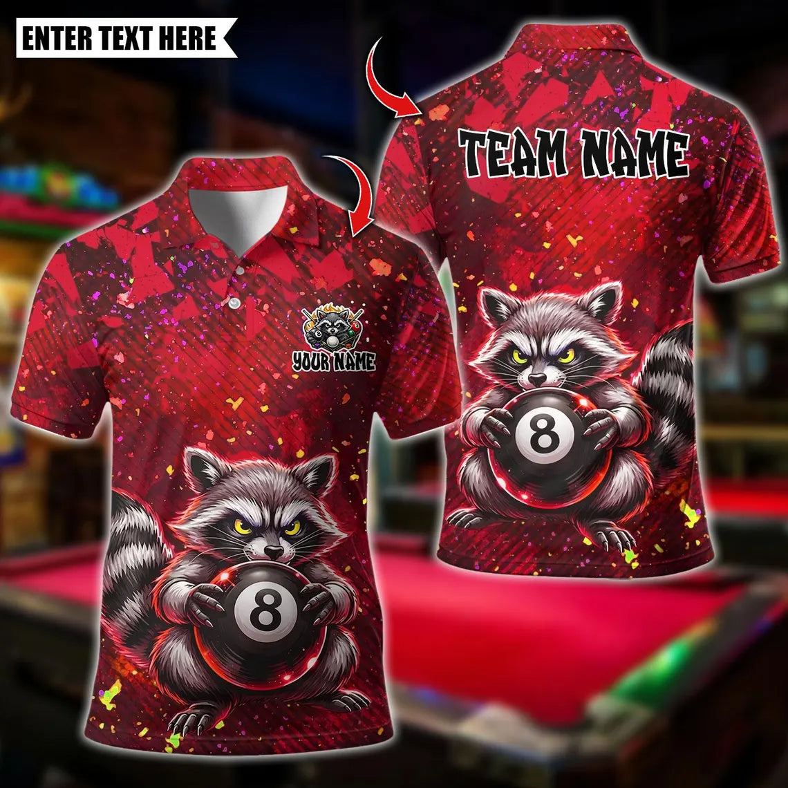 BlueJose Billiards 8 Ball Raccoon Paint Splash Personalized Name Shirt (4 Colors)