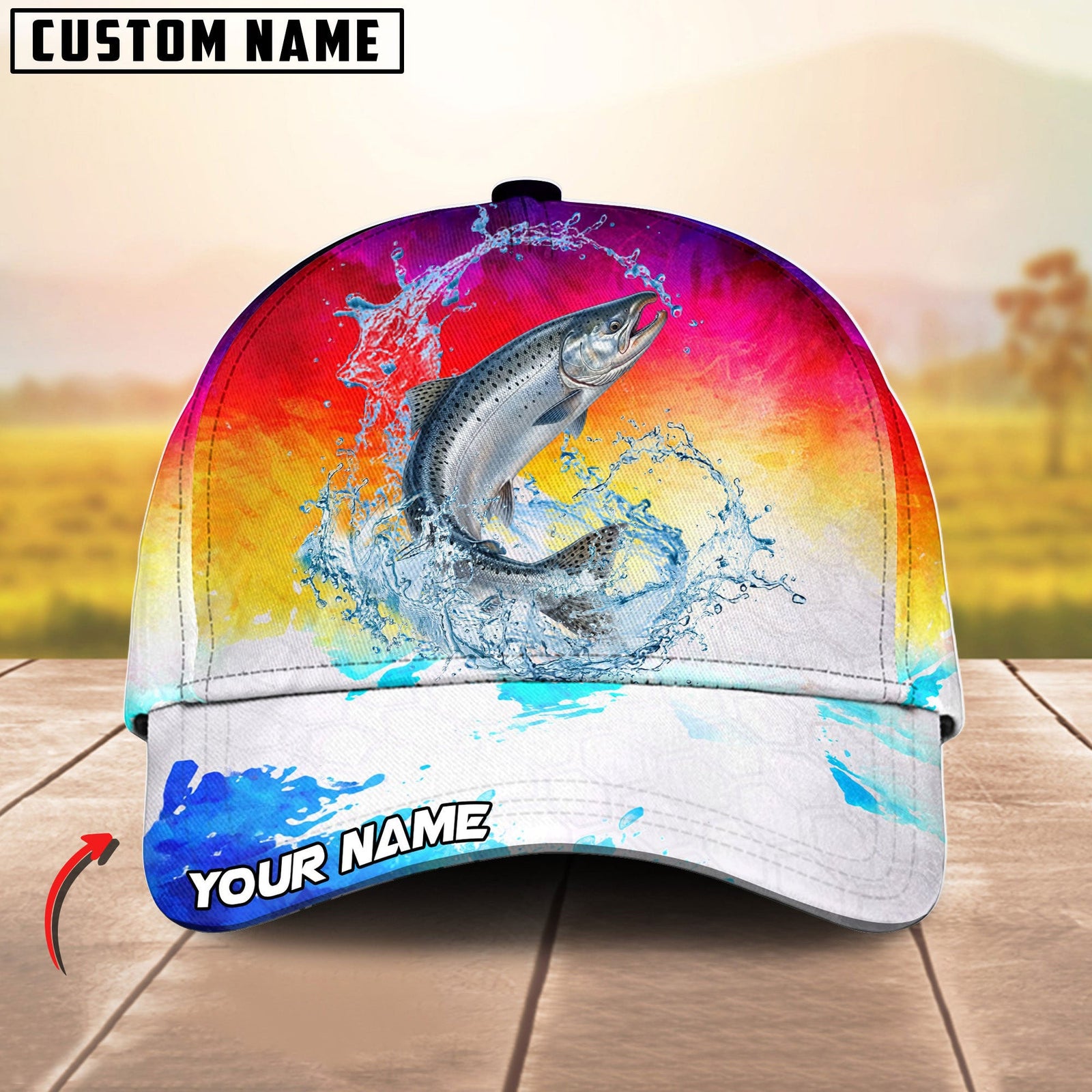 BlueJose Fishing Vibrant Sunset Personalized Cap (13 Breeds)