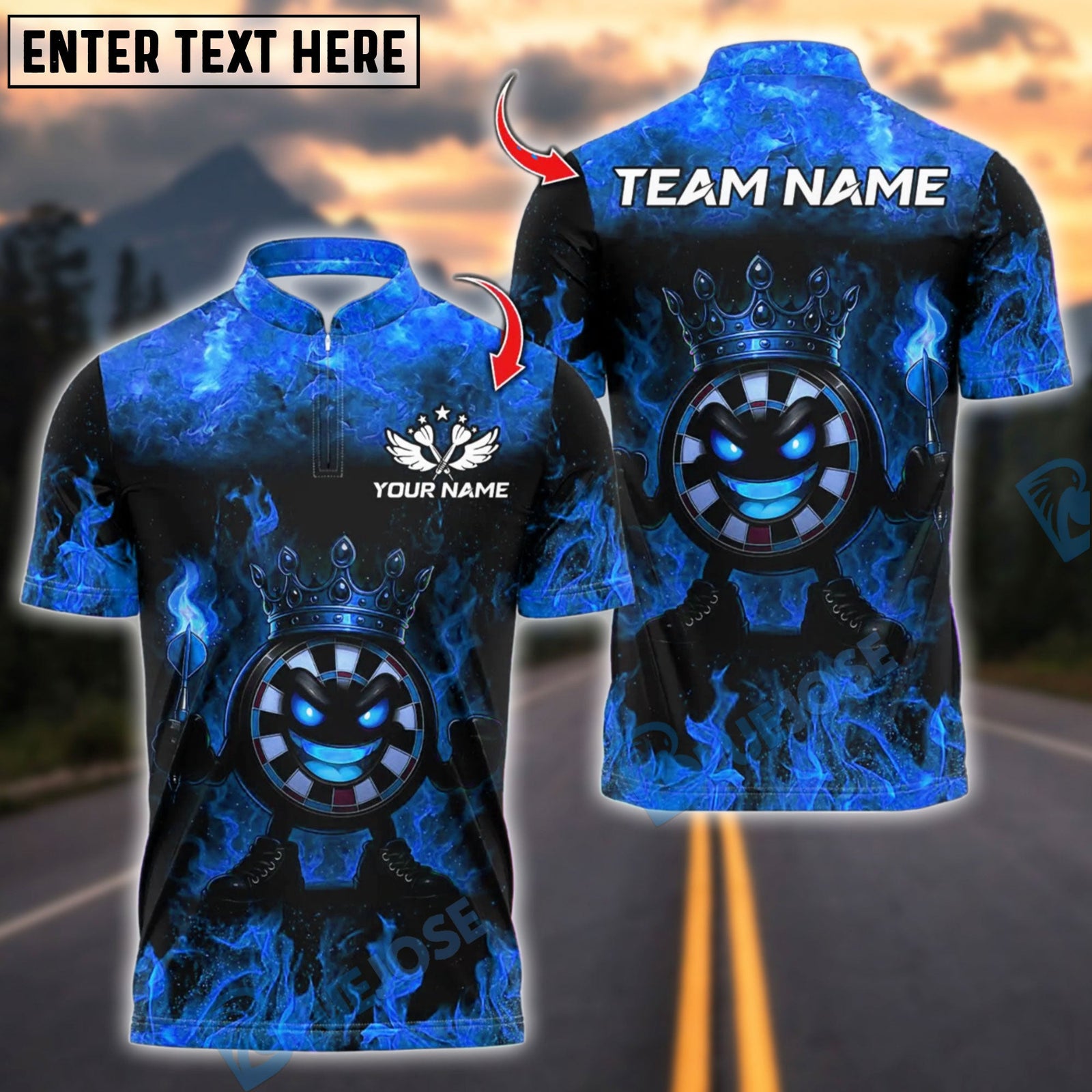 BlueJose Darts Funny Dartboard King Flame Crown Design Customized Name, Team Name 3D Shirt (4 Colors)