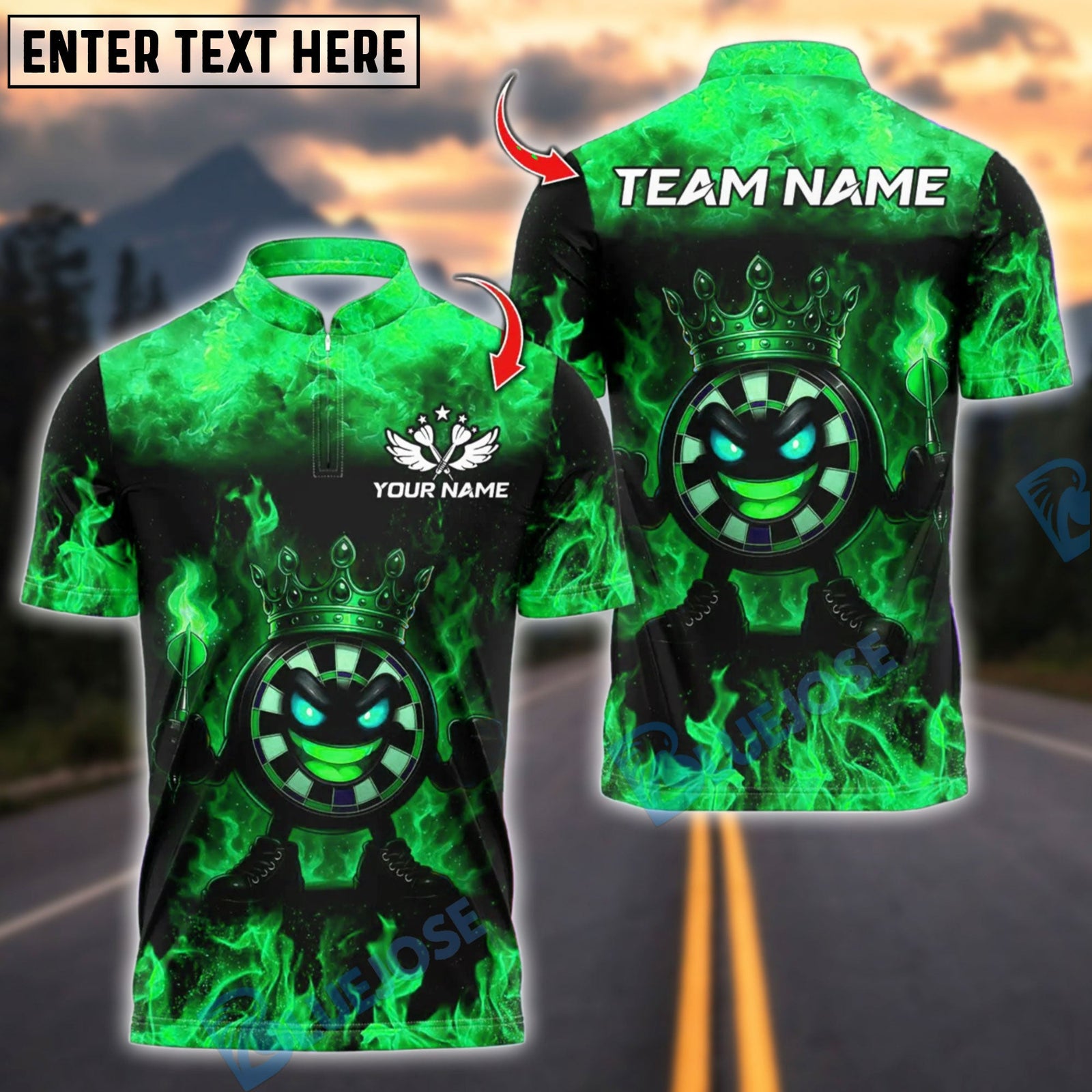 BlueJose Darts Funny Dartboard King Flame Crown Design Customized Name, Team Name 3D Shirt (4 Colors)